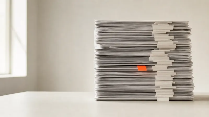 Moderation: one orange tab flagging a single sheet inside a tall stack of marked scripts