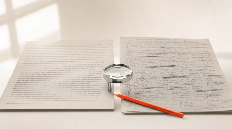 Validity: two handwritten pages under a loupe, immaculate script beside a hurried scrawl